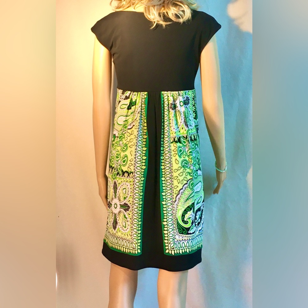 LONDON TIMES Black Green empire waist minidress Short sleeve Square neckline S6 - Picture 7 of 13